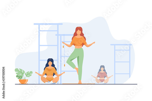 Group of women doing yoga. Class of meditation, gym, fitness club flat vector illustration. Lifestyle, stress relief, activity concept for banner, website design or landing web page