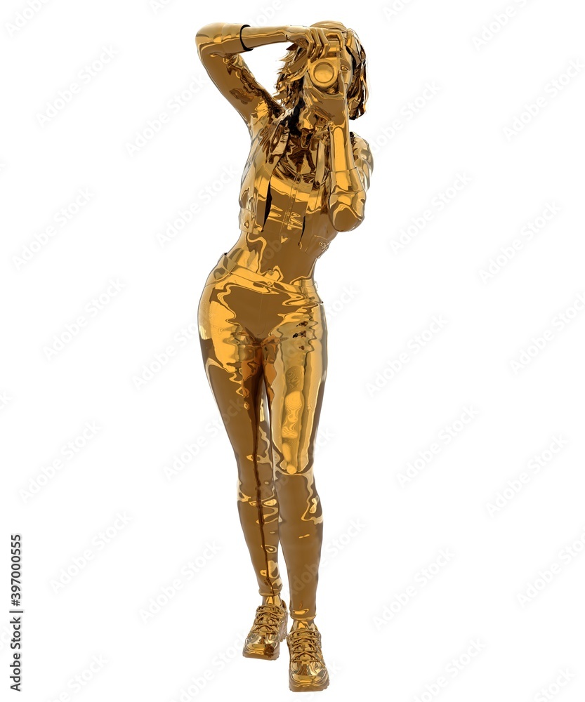 Woman photographer statue of gold isolated on white background 3d illustration