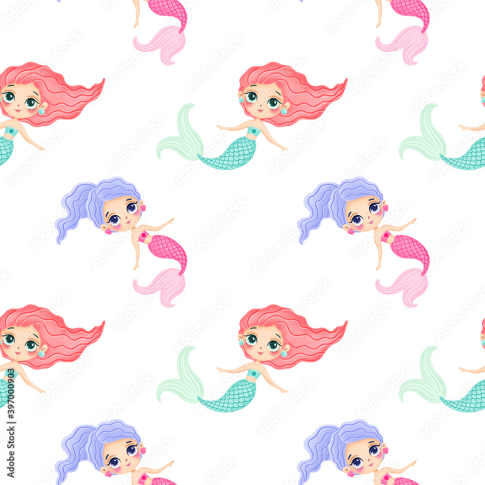 Obraz premium Cute cartoon mermaids seamless pattern. Underwater pattern. Ocean pattern. Fairy tale pattern.