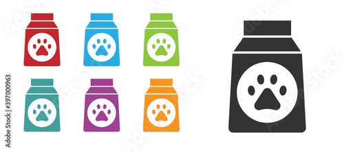 Black Bag of food for dog icon isolated on white background. Dog or cat paw print. Food for animals. Pet food package. Set icons colorful. Vector.