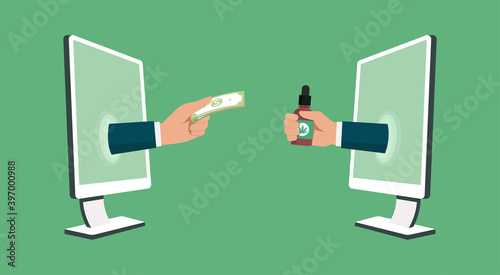 online shopping concept, customer hand purchasing product with money and seller hand giving CBD or cannabis oil bottle through computer monitors, vector flat illustration
