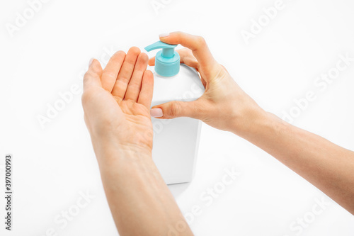 Disinfectant hand gel against coronavirus, on white background
