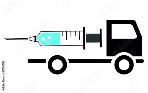 Vaccine COVID-19. Isolated vector image of coronavirus vaccine transport by truck. Distribution concept.