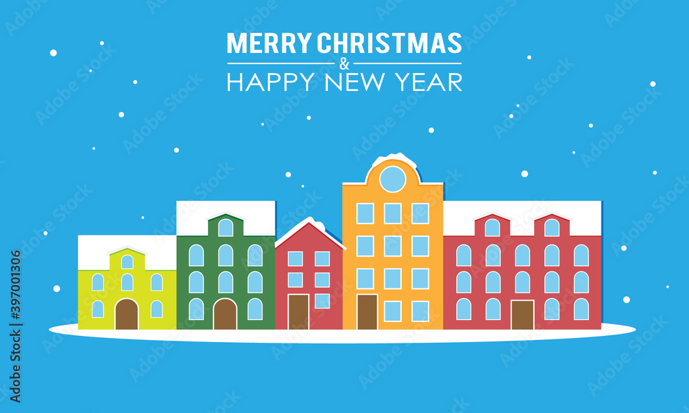 New year and merry christmas greeting card. Snowy city