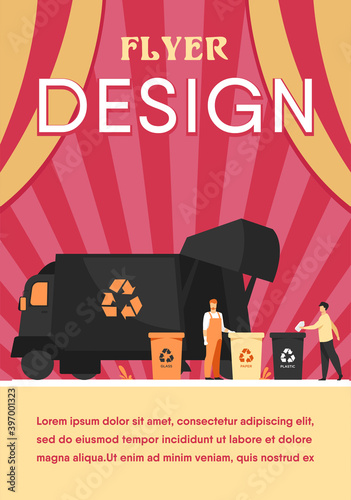 Garbage collector cleaning waste bin flat vector illustration. Cartoon man putting rubbish for recycling. Service and disposal industry concept.