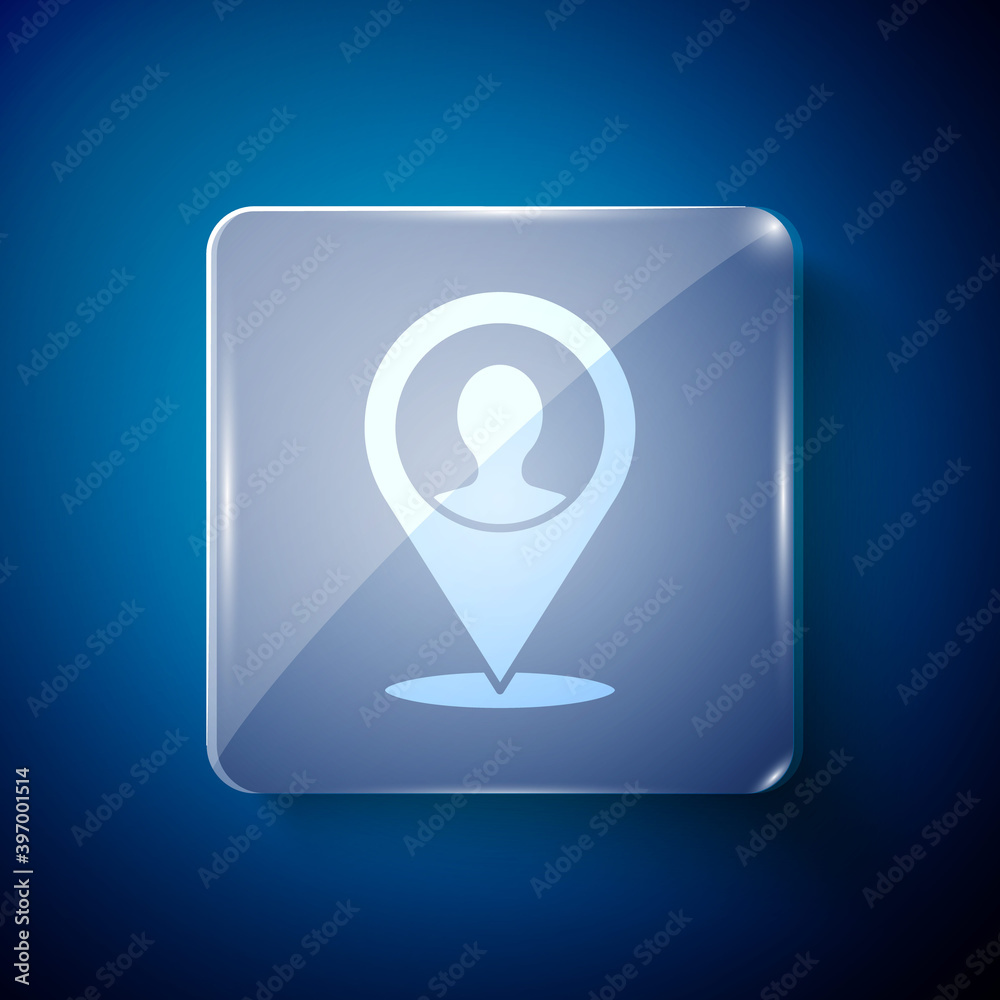 White Map marker with a silhouette of a person icon isolated on blue background. GPS location symbol. Square glass panels. Vector. White Map marker with a silhouette of a person icon isolated on blue background. GPS location symbol. Square glass panels. Vector.