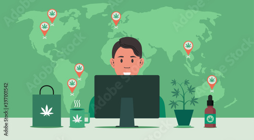 man using computer for shopping cannabis online at home with CBD location on the world map, vector flat illustration