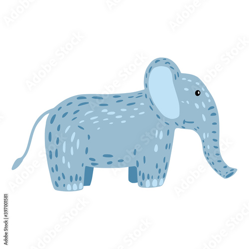 Elephant isolated on white background. Cute cartoon character color blue in doodle style.