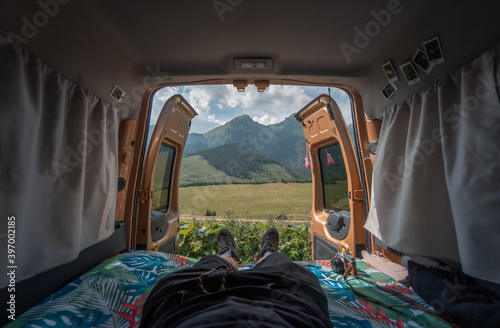 Waking up in front of the Tatras after sleeping in a camper van