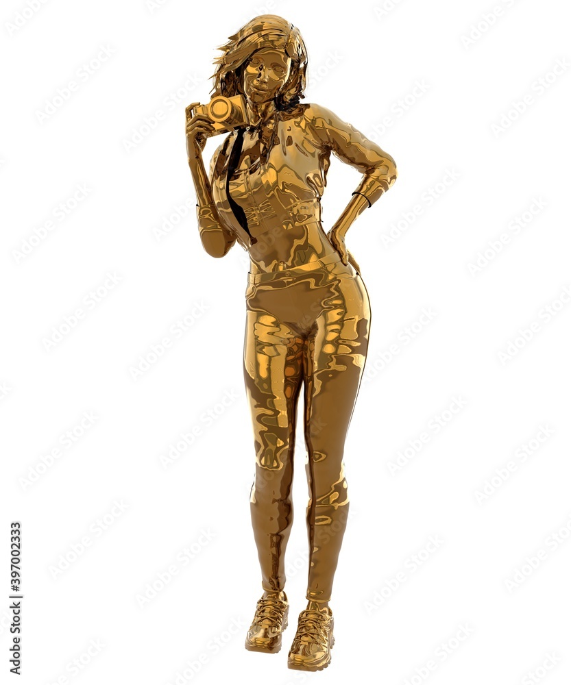 Woman photographer statue of gold isolated on white background 3d illustration Woman photographer statue of gold isolated on white background 3d illustration