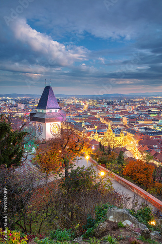 Graz, Austria. Cityscape image of the Graz, Austria with the Clock Tower at beautiful autumn sunset.