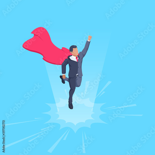 isometric vector illustration on blue background, man in business suit and super hero raincoat, super businessman