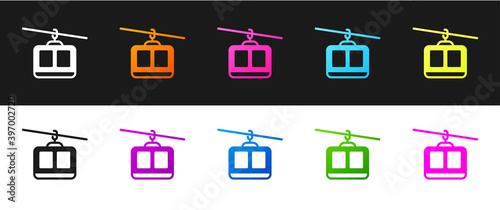 Set Cable car icon isolated on black and white background. Funicular sign. Vector.