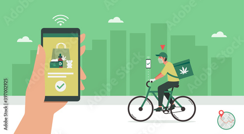 CBD delivery concept, delivery man riding bicycle on the way to customer home, human hand using smartphone with mobile app order cannabis online, smart logistic, vector flat illustration