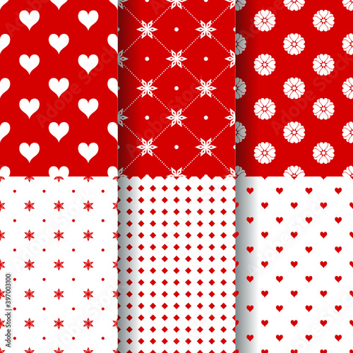 Seamless pattern red and white. Pattern of hearts, flowers and stars. Set of seamless simple patterns. Vector texture or background.