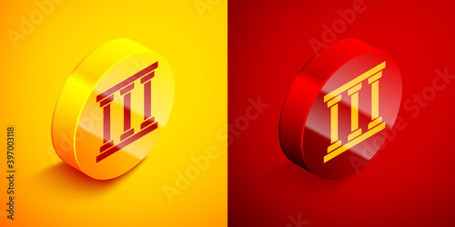 Isometric Prison window icon isolated on orange and red background. Circle button. Vector.