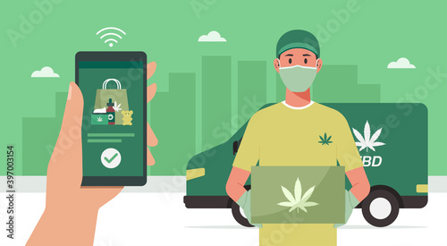 CBD delivery concept, delivery man with box waiting for customer, human hand holding smartphone with mobile app order cannabis online, smart logistic, vector flat illustration
