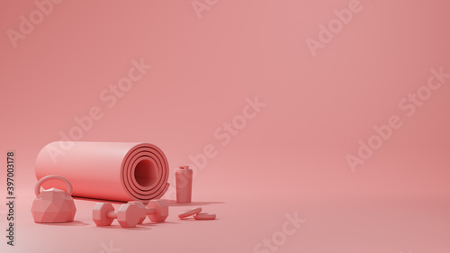Sport fitness equipment, yoga mat, kettlebell ,bottle of water, dumbbells in pink color.female concept, 3D rendering.