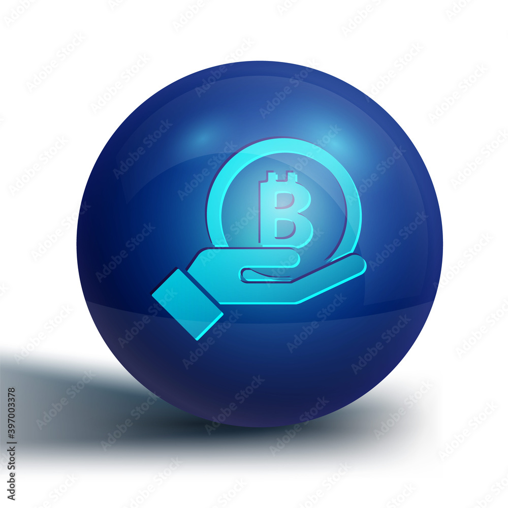 Blue Hand holding Bitcoin icon isolated on white background. Blockchain technology, digital money market, cryptocoin wallet. Blue circle button. Vector. Blue Hand holding Bitcoin icon isolated on white background. Blockchain technology, digital money market, cryptocoin wallet. Blue circle button. Vector.