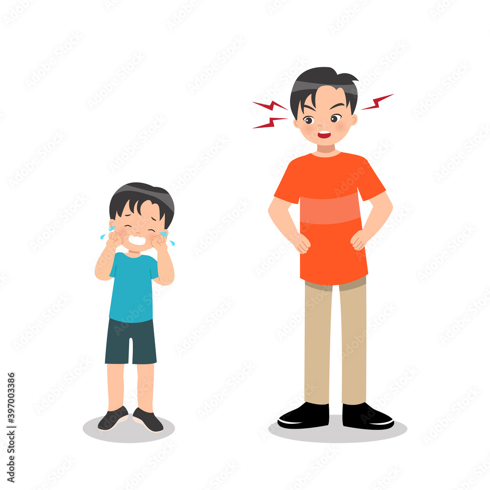 Father getting angry at his son. Cute boy crying scolded by his dad. Parenting clip art. Flat vector isolated on white. Father getting angry at his son. Cute boy crying scolded by his dad. Parenting clip art. Flat vector isolated on white.