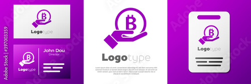 Logotype Hand holding Bitcoin icon isolated on white background. Blockchain technology, digital money market, cryptocoin wallet. Logo design template element. Vector.