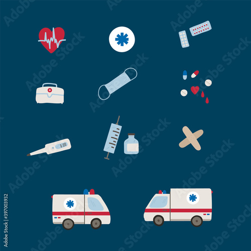 A set of medical icons. Cartoon medical items for ambulance and 911 rescuers. Drawn in flat style medical ambulance, heart, cardiology, aid box, patch, pills, pills, medical mask, syringe, vaccine