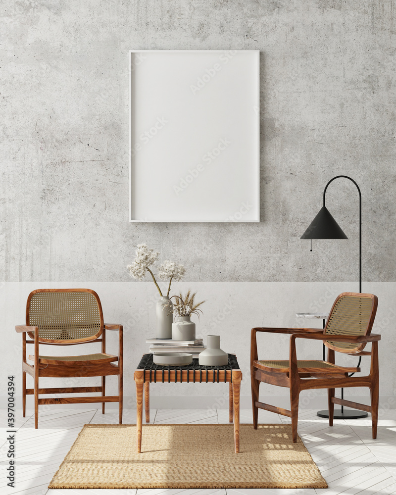 Fototapeta premium mock up poster frame in modern interior background, living room, Scandinavian style, 3D render, 3D illustration