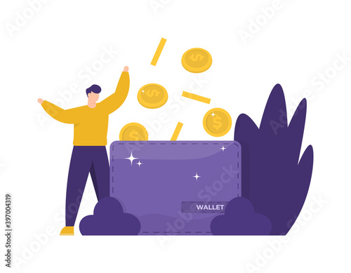 e payment concept, loyalty program, collect points, get rewards. illustration of a man holding coins that fall using a wallet. money raining and online storage. flat style. design elements
