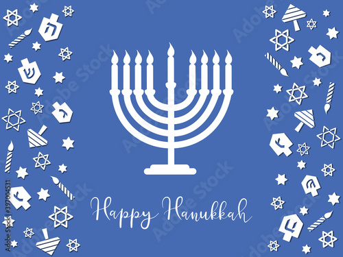 Hanukkah greeting card. Happy Hanukkah lettering with menorah and vertical ornament with dreidels, David stars, candles on blue background. Vector design for Jewish holiday banners, posters, prints.