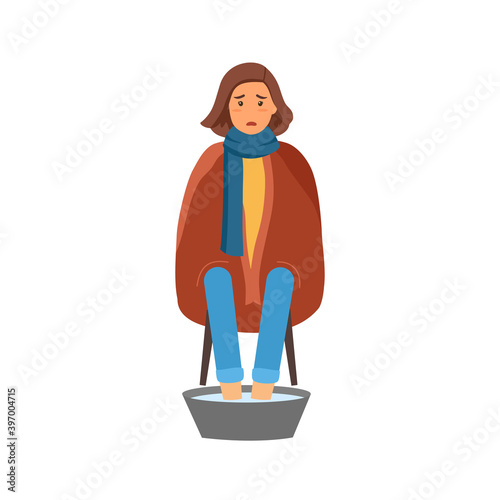 Woman with flu soaking feet in warm water in flat design. Young woman catch a cold or flu concept vector illustration on white background.