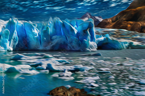 Glacier descending from the mountains towards a lake in Torres del Paine national park. A park that encompasses mountains, glaciers, lakes and rivers in southern Chilean Patagonia. Oil paint filter.