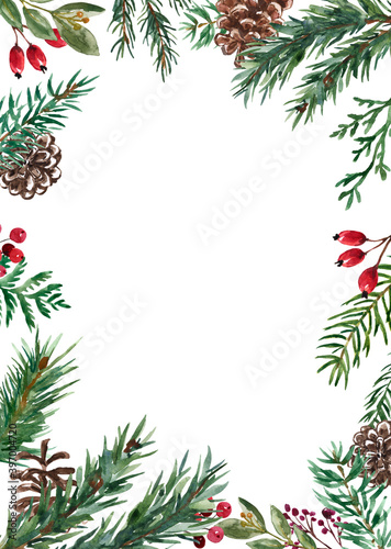 Watercolor winter greenery card template with white background and copy space...