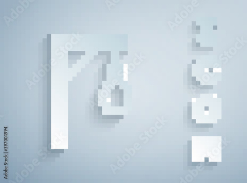 Paper cut Gallows rope loop hanging icon isolated on grey background. Rope tied into noose. Suicide, hanging or lynching. Paper art style. Vector.