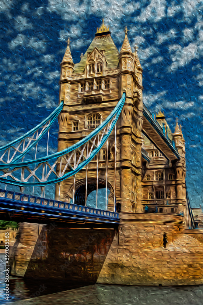 Obraz premium Tower Bridge perspective, a combined bascule and suspension bridge in London. Capital of England and the United Kingdom, is also one of the most important cities of world. Oil paint filter.