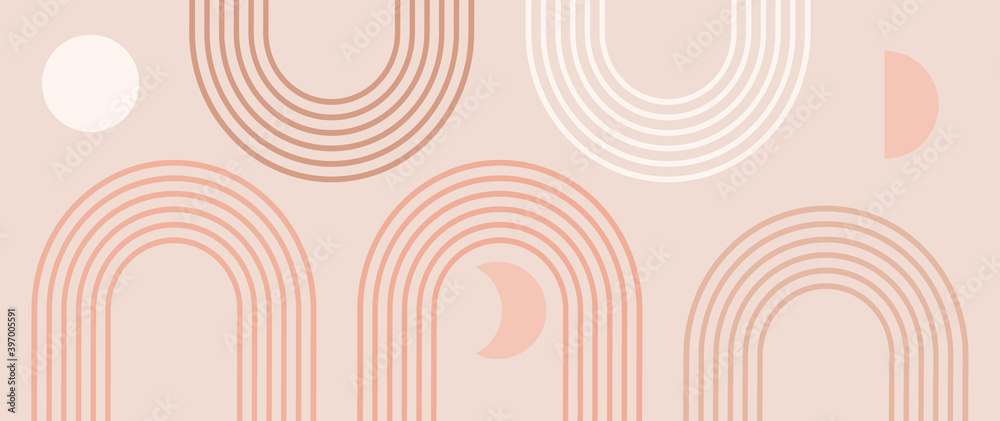 Abstract contemporary aesthetic background with geometric balance shapes, five rainbow and sun, moon circles. Boho wall decor. Mid century modern minimalist print. Neutral Geometric art. Organic shape - obrazy, fototapety, plakaty 