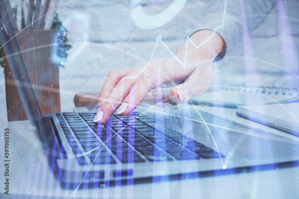 Multi exposure of woman hands typing on computer and forex chart hologram drawing. Stock market analysis concept. Multi exposure of woman hands typing on computer and forex chart hologram drawing. Stock market analysis concept.