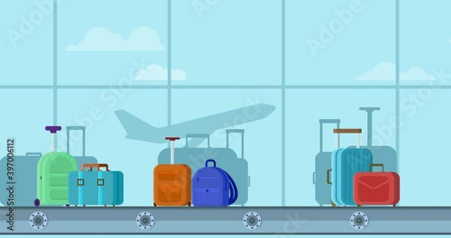 4K resolution Looped animation of Luggage airport carousel and plane on airfield. Seamless motion animated footage in flat cartoon style with baggage line, conveyor belt with bags and suitcases