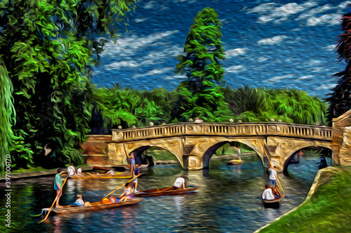 Park with bridge over the River Cam with people on flat-bottomed boat in a bucolic summer day at Cambridge. A beautiful and peaceful university town in eastern England. Oil paint filter.