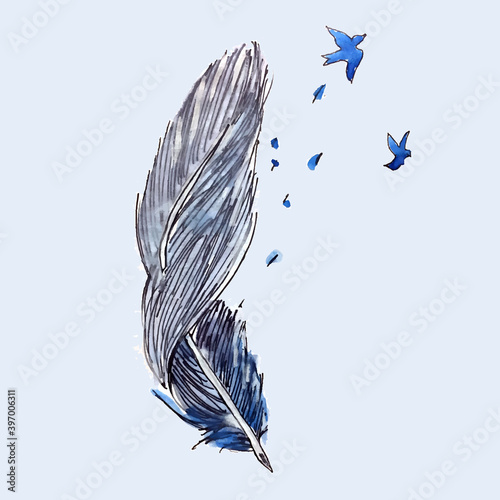 Hand drawn watercolor blue feather pen and ink splashes and birds flying in the sky. Vector illustration.