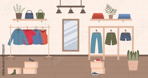 2d animation, clothing store background. Seamless motion animated footage with clothes boutique in shopping mall. Showroom with mirror, hanger, t-shirt, jeans, shorts, shoes, clothes rack, big sale