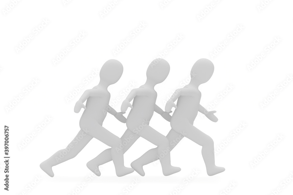 3d illustration of white men is running, three men in a hurry isolated on white 3d illustration of white men is running, three men in a hurry isolated on white