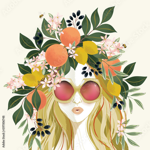 Fototapeta Naklejka Na Ścianę i Meble -  Vector illustration of a girl wearing sunglasses and decorating the hair with flowers