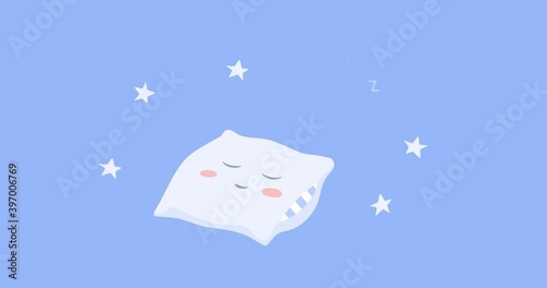 4K Looped animation, cute pillow sleeping and dreaming, starry night background. 2D Seamless motion animated footage, fluffy cushion lying and snoring zzz, healthy rest, repose, recreation concept