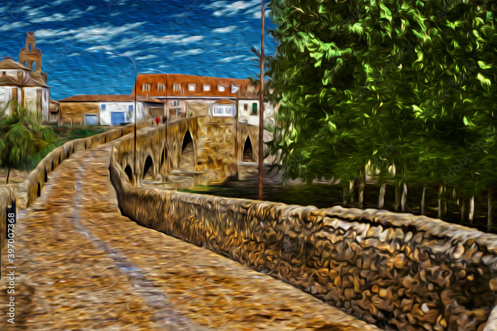 Pathway over gothic stone bridge at Hospital de Orbigo. A historical village on the Way of St. James, a famous pilgrimage route leading to Santiago de Compostela in northern Spain. Oil paint filter.