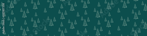 Woodland green seamless horizontal border. Web banner with single hand drawn fir tree with Christmas decoration. Vector illustration.