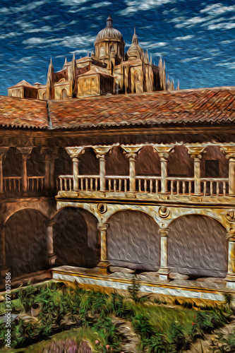 Columns and arches in central courtyard of a cloister in a gothic monastery of Salamanca. This lovely medieval town is one of the most important university cities in Spain. Oil paint filter.