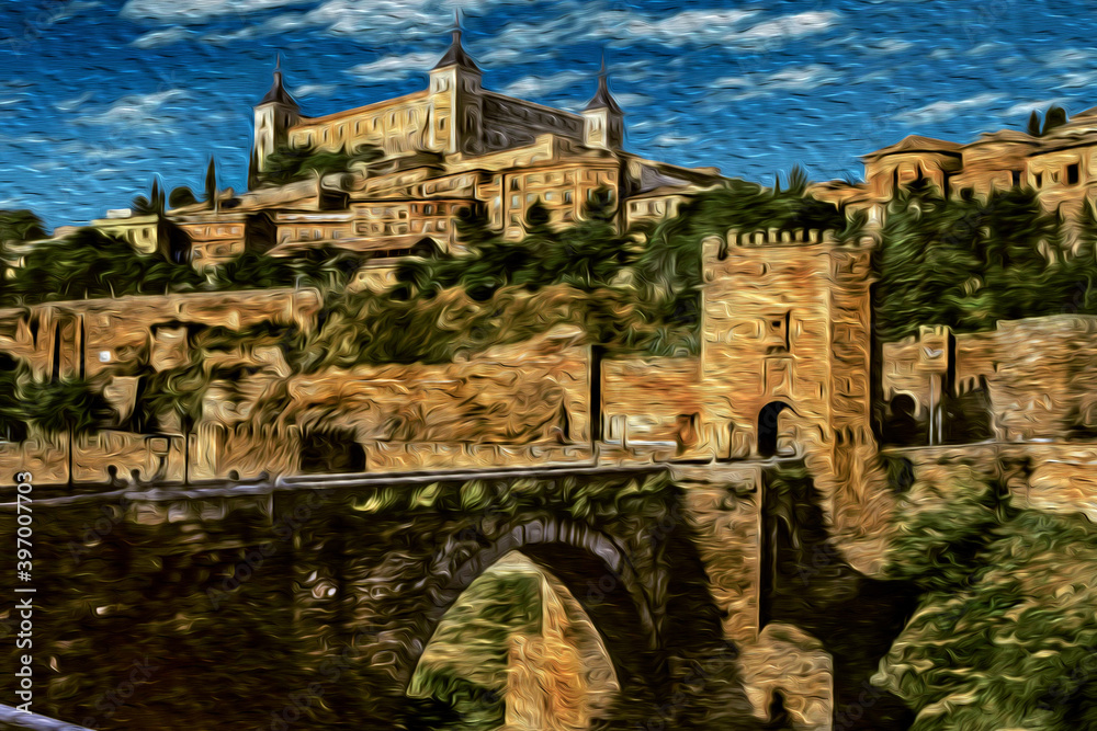 View of gothic bridge and hill covered by old buildings in the historic center of Toledo. A medieval city famous for the production of exceptional bladed weapons, in central Spain. Oil paint filter.