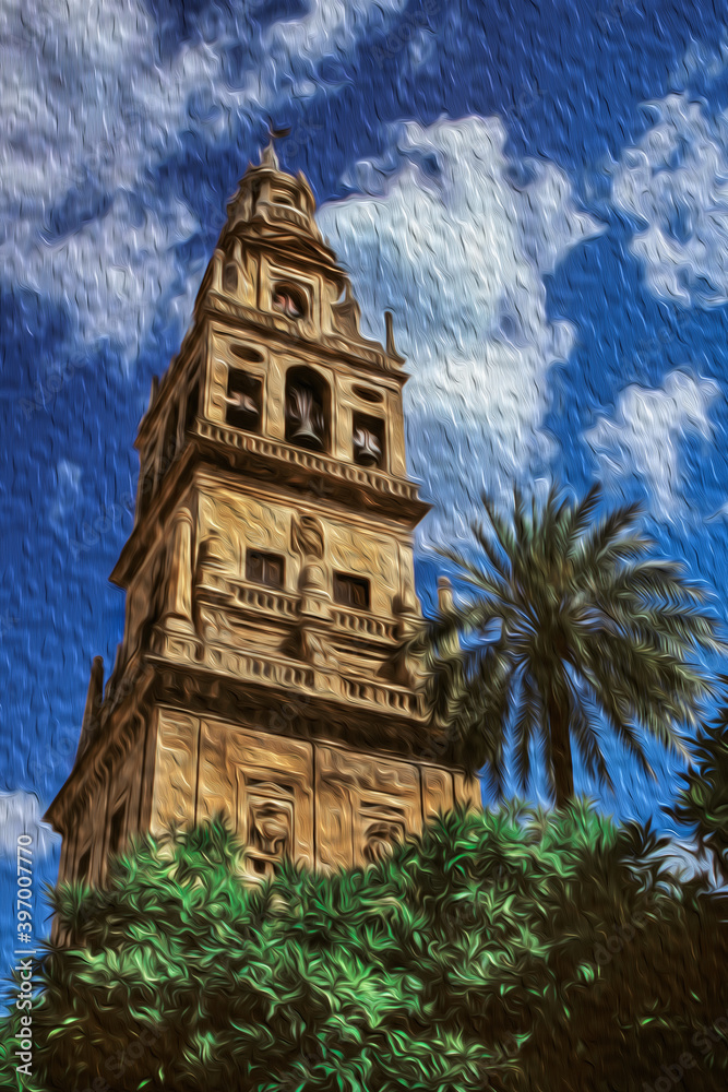 Bell tower from Court of Oranges at the Great Mosque in the historic center of Cordoba. A medieval town with huge muslim cultural influence in the Andalusia region, southern Spain. Oil paint filter.
