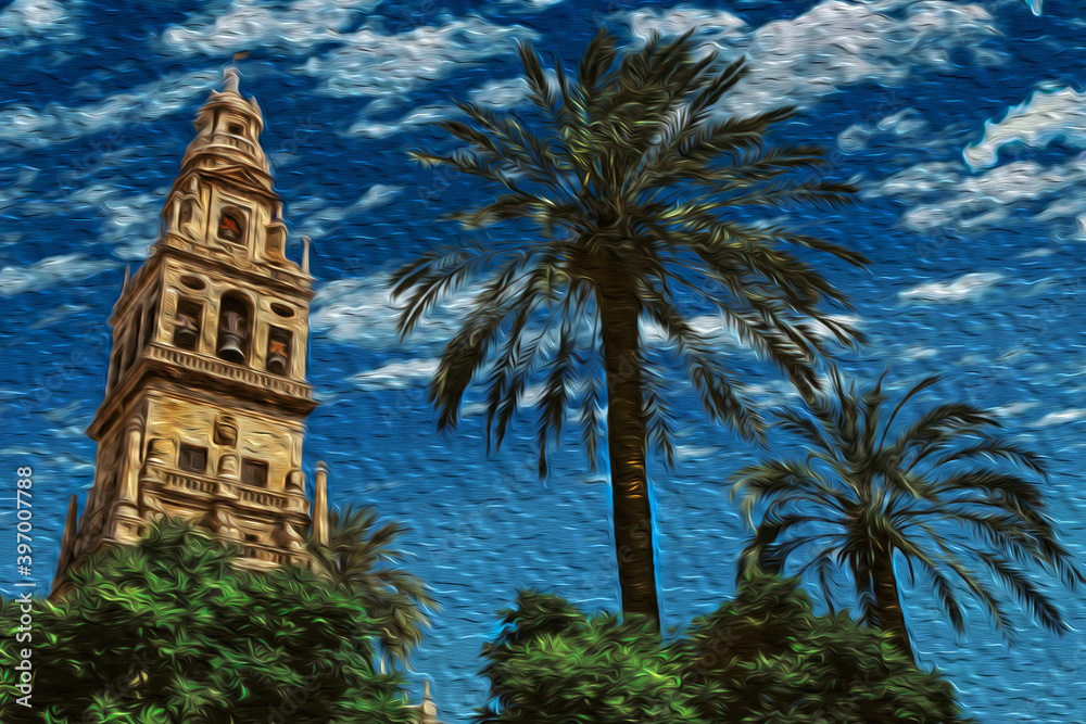 Bell tower from Court of Oranges at the Great Mosque in the historic center of Cordoba. A medieval town with huge muslim cultural influence in the Andalusia region, southern Spain. Oil paint filter.