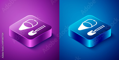 Isometric Fire shovel and cone bucket icon isolated on blue and purple background. Square button. Vector.
